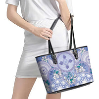 Hawaii Violet Palaka Leather Tote Bag With Tapa Pattern Tropical Flowers LT05 - Polynesian Pride