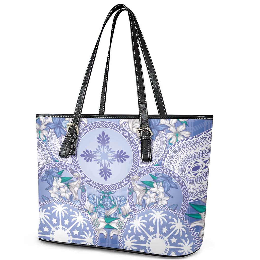 Hawaii Violet Palaka Leather Tote Bag With Tapa Pattern Tropical Flowers LT05 - Polynesian Pride
