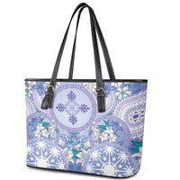 Hawaii Violet Palaka Leather Tote Bag With Tapa Pattern Tropical Flowers LT05 - Polynesian Pride