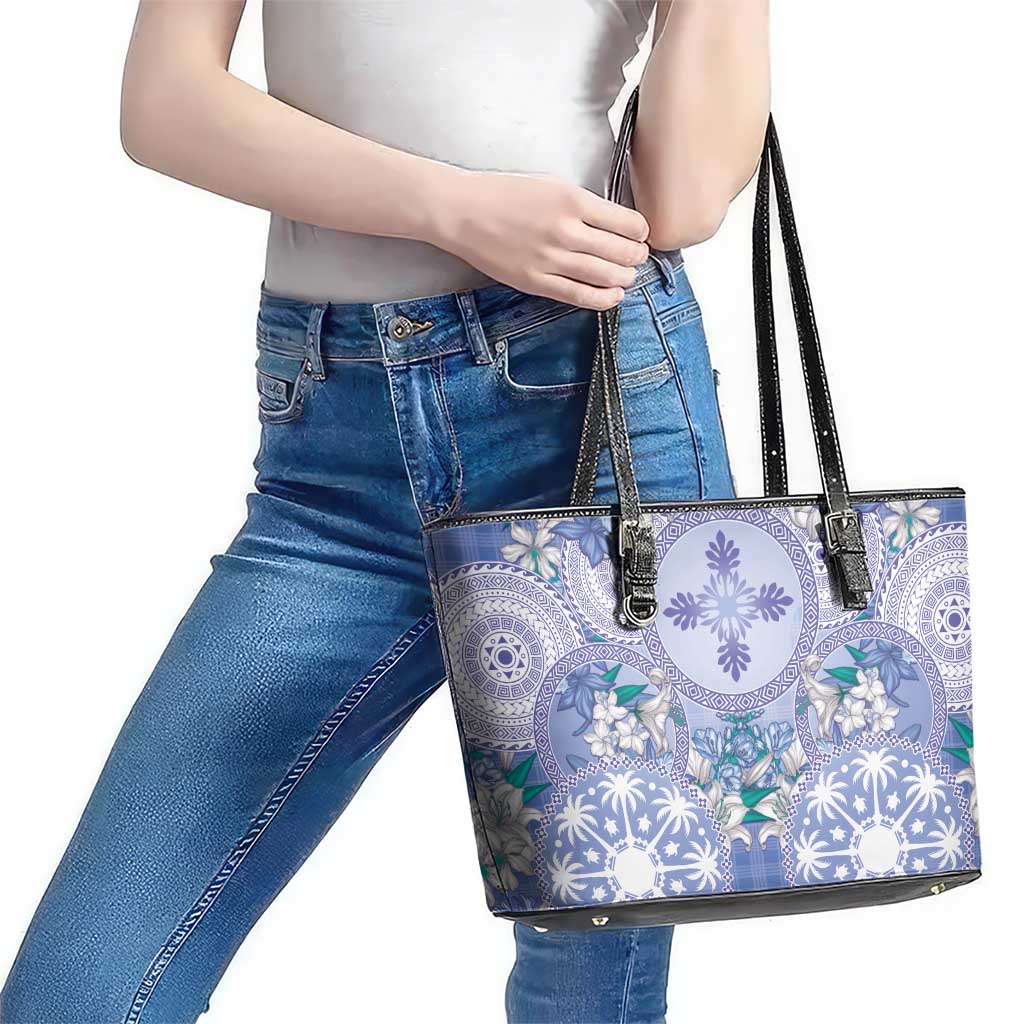 Hawaii Violet Palaka Leather Tote Bag With Tapa Pattern Tropical Flowers LT05 - Polynesian Pride