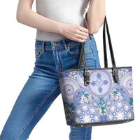 Hawaii Violet Palaka Leather Tote Bag With Tapa Pattern Tropical Flowers LT05 - Polynesian Pride
