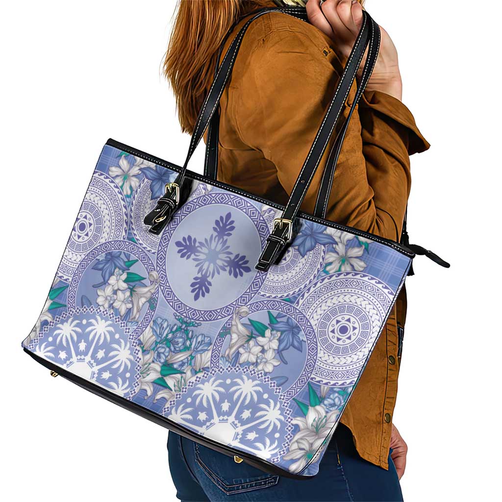Hawaii Violet Palaka Leather Tote Bag With Tapa Pattern Tropical Flowers LT05 - Polynesian Pride