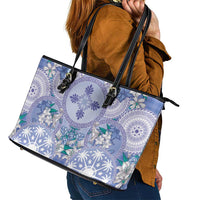 Hawaii Violet Palaka Leather Tote Bag With Tapa Pattern Tropical Flowers LT05 - Polynesian Pride