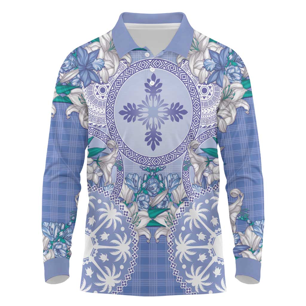 Hawaii Violet Palaka Long Sleeve Polo Shirt With Tapa Pattern Tropical Flowers LT05 Violet - Polynesian Pride
