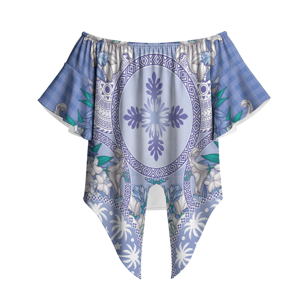 Hawaii Violet Palaka Off Shoulder Wrap Waist Top With Tapa Pattern Tropical Flowers LT05 Violet - Polynesian Pride