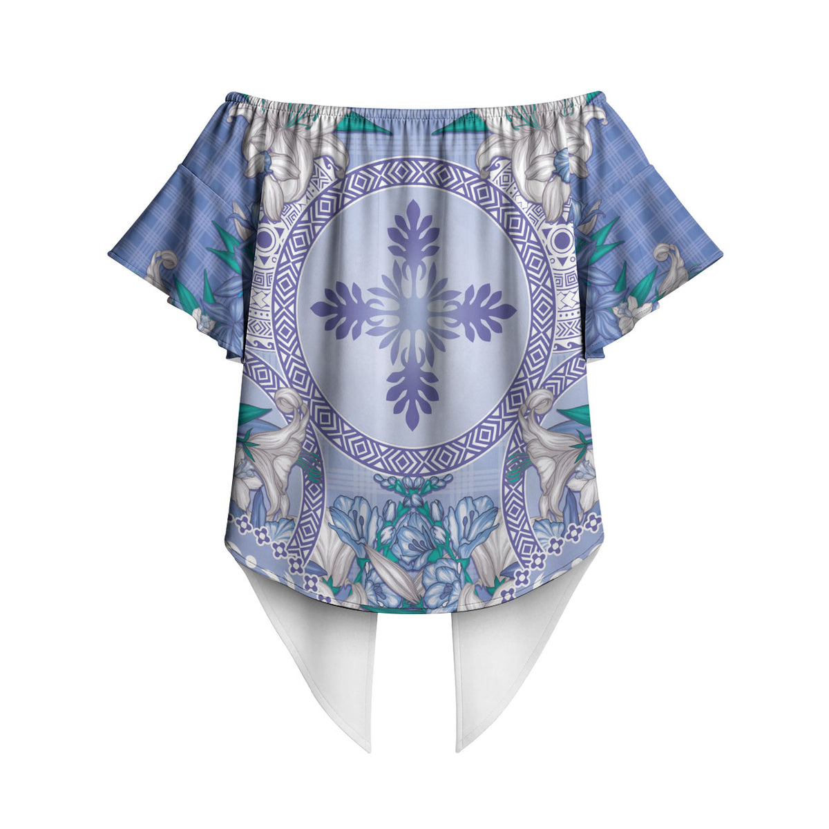 Hawaii Violet Palaka Off Shoulder Wrap Waist Top With Tapa Pattern Tropical Flowers LT05 - Polynesian Pride