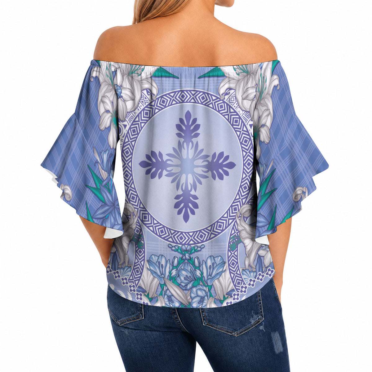 Hawaii Violet Palaka Off Shoulder Wrap Waist Top With Tapa Pattern Tropical Flowers LT05 - Polynesian Pride