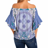 Hawaii Violet Palaka Off Shoulder Wrap Waist Top With Tapa Pattern Tropical Flowers LT05 - Polynesian Pride