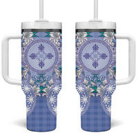 Hawaii Violet Palaka Tumbler With Handle With Tapa Pattern Tropical Flowers LT05 One Size: 40 oz Violet - Polynesian Pride