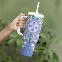 Hawaii Violet Palaka Tumbler With Handle With Tapa Pattern Tropical Flowers LT05 - Polynesian Pride