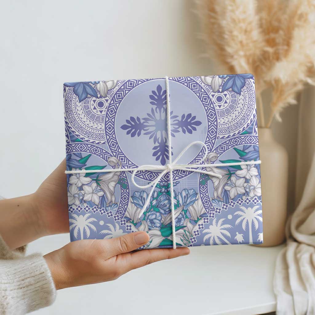Hawaii Violet Palaka Wrapping Paper With Tapa Pattern Tropical Flowers - Polynesian Pride