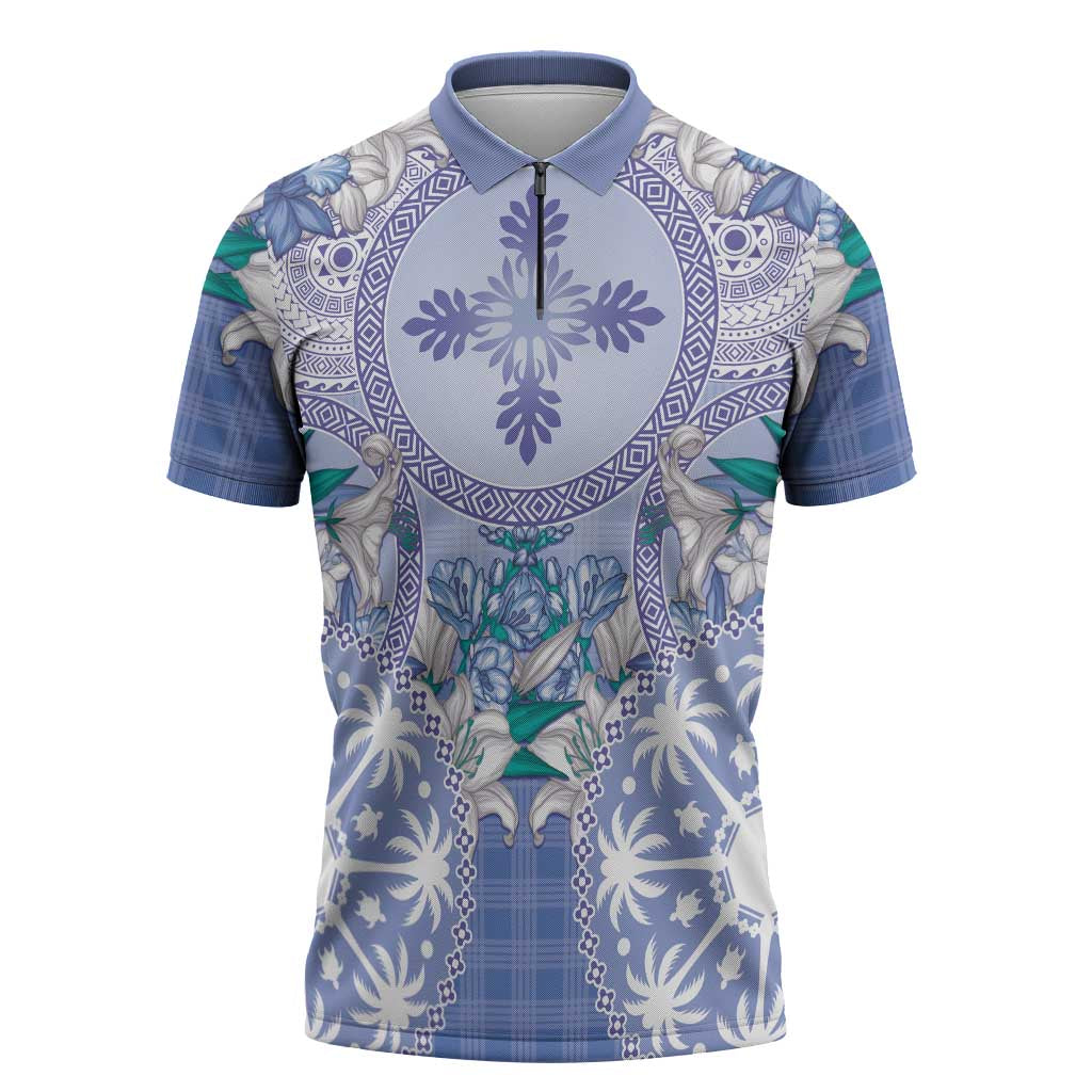 Hawaii Violet Palaka Zipper Polo Shirt With Tapa Pattern Tropical Flowers - Polynesian Pride