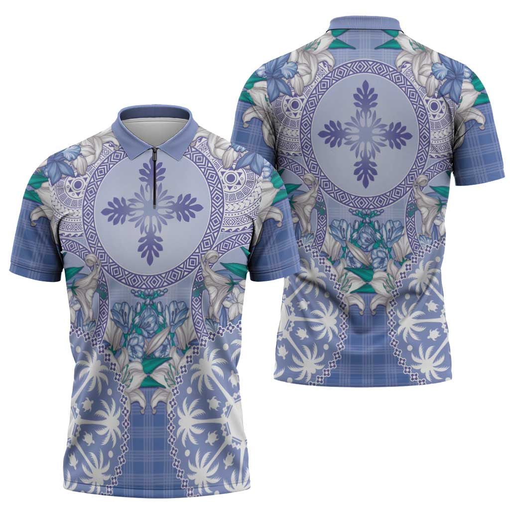 Hawaii Violet Palaka Zipper Polo Shirt With Tapa Pattern Tropical Flowers - Polynesian Pride