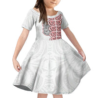 Aotearoa New Zealand Family Matching Short Sleeve Bodycon Dress and Hawaiian Shirt Maori Marae Pattern Tiki LT05 Daughter's Dress White - Polynesian Pride