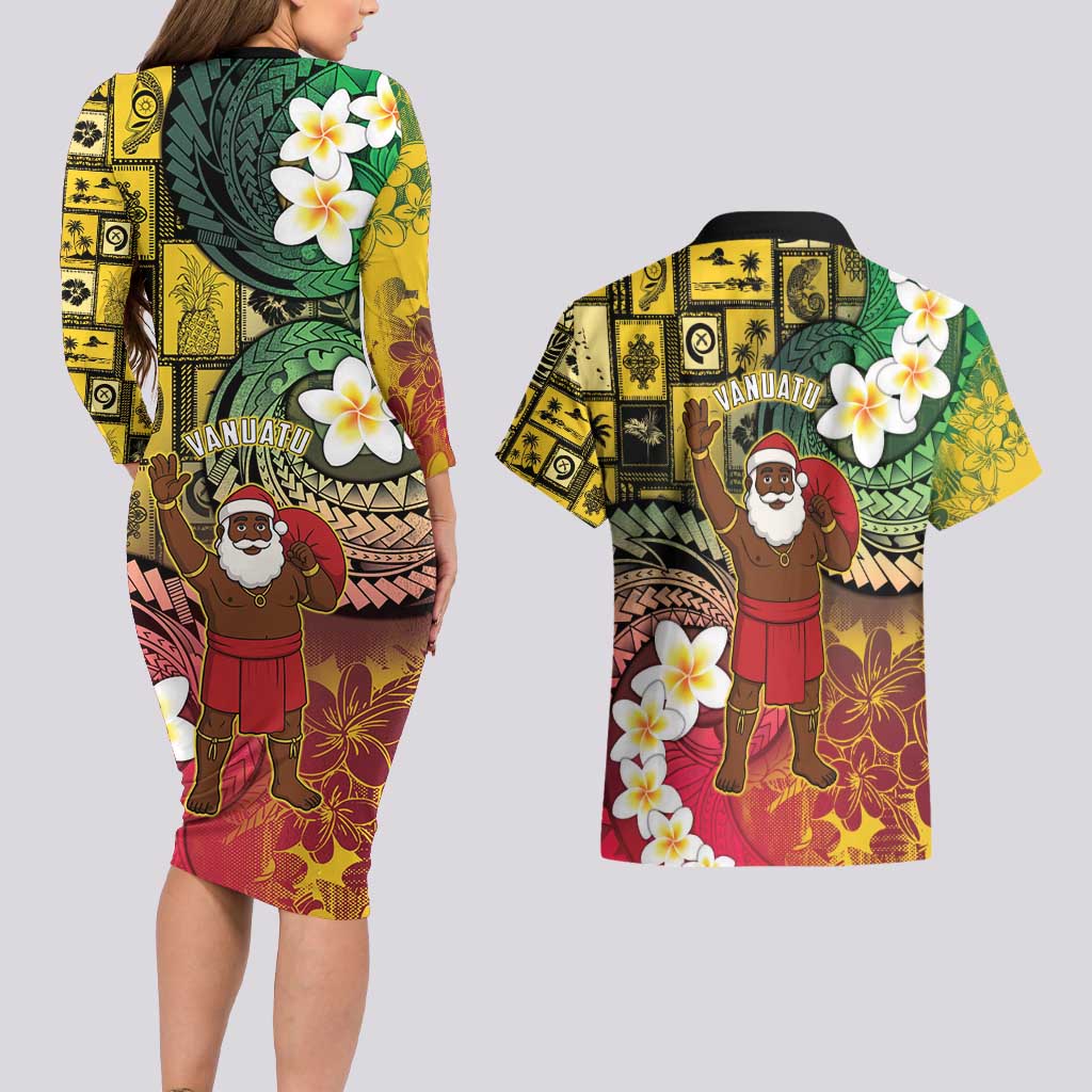 Vanuatu Christmas Couples Matching Long Sleeve Bodycon Dress and Hawaiian Shirt Ni-Van Santa Retro Style LT05 - Polynesian Pride