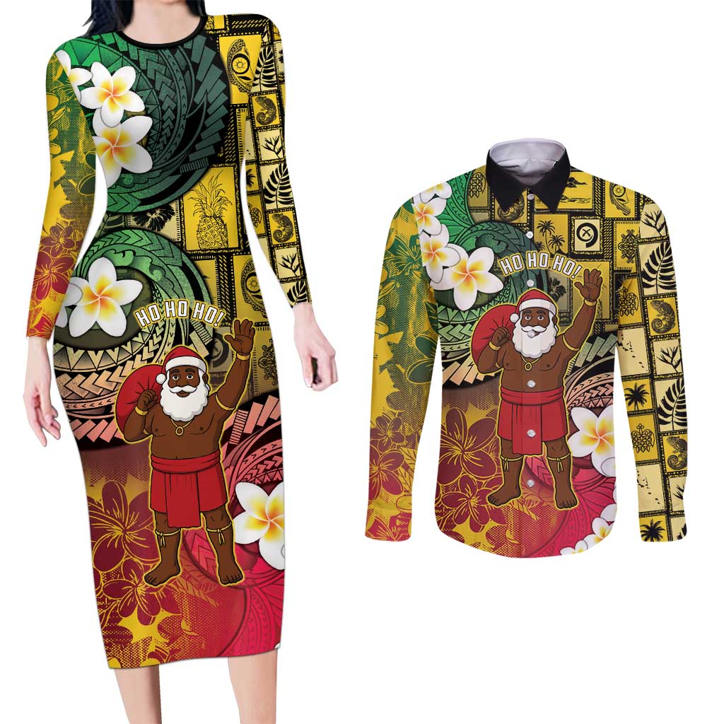 Vanuatu Christmas Couples Matching Long Sleeve Bodycon Dress and Long Sleeve Button Shirt Ni-Van Santa Retro Style LT05 Colorful - Polynesian Pride