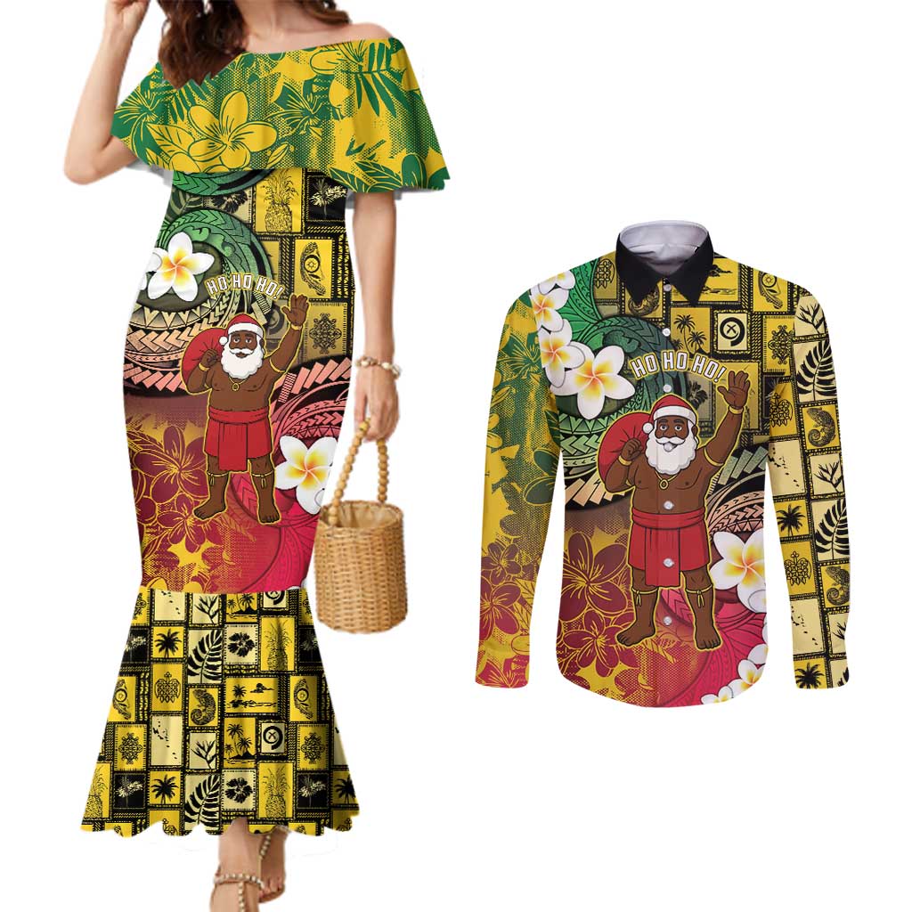 Vanuatu Christmas Couples Matching Mermaid Dress and Long Sleeve Button Shirt Ni-Van Santa Retro Style LT05 Colorful - Polynesian Pride