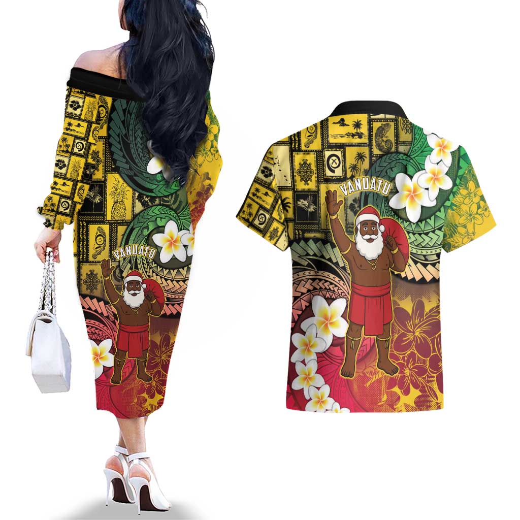Vanuatu Christmas Couples Matching Off The Shoulder Long Sleeve Dress and Hawaiian Shirt Ni-Van Santa Retro Style LT05 - Polynesian Pride