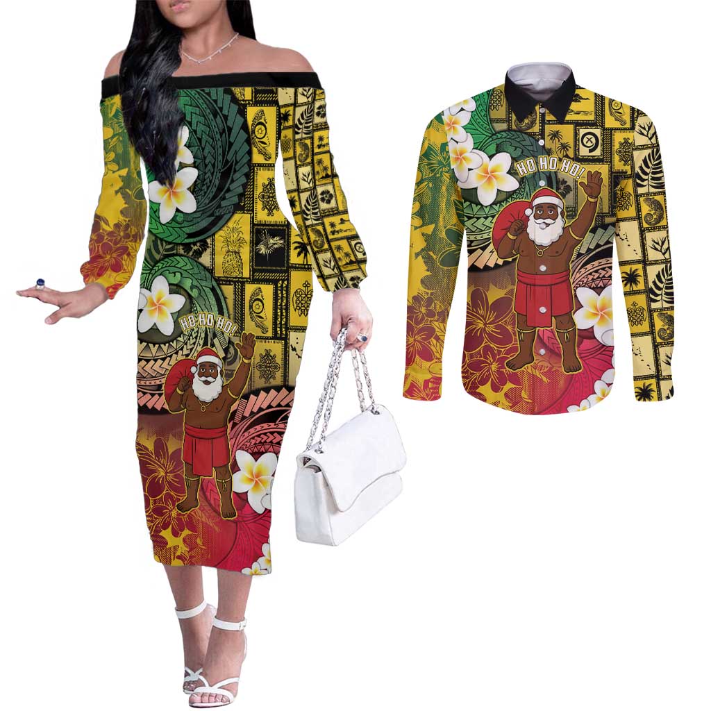 Vanuatu Christmas Couples Matching Off The Shoulder Long Sleeve Dress and Long Sleeve Button Shirt Ni-Van Santa Retro Style LT05 Colorful - Polynesian Pride