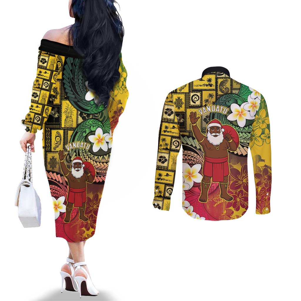Vanuatu Christmas Couples Matching Off The Shoulder Long Sleeve Dress and Long Sleeve Button Shirt Ni-Van Santa Retro Style LT05 - Polynesian Pride