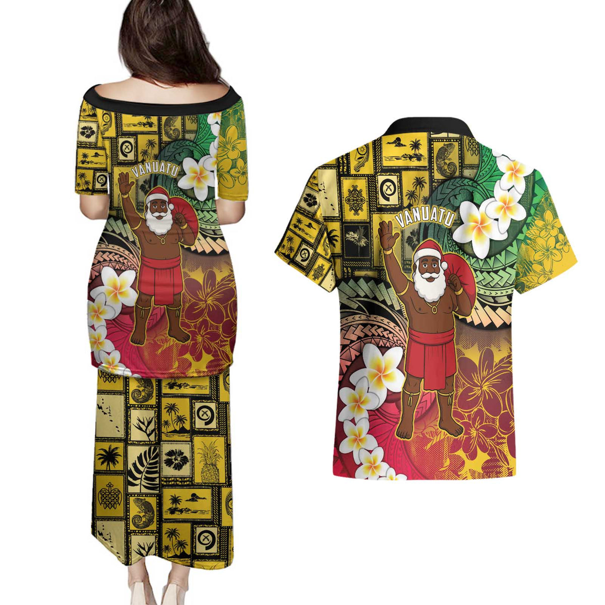 Vanuatu Christmas Couples Matching Puletasi and Hawaiian Shirt Ni-Van Santa Retro Style - Polynesian Pride