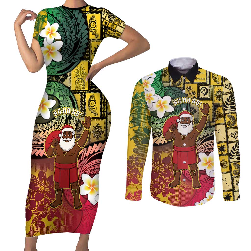 Vanuatu Christmas Couples Matching Short Sleeve Bodycon Dress and Long Sleeve Button Shirt Ni-Van Santa Retro Style LT05 Colorful - Polynesian Pride