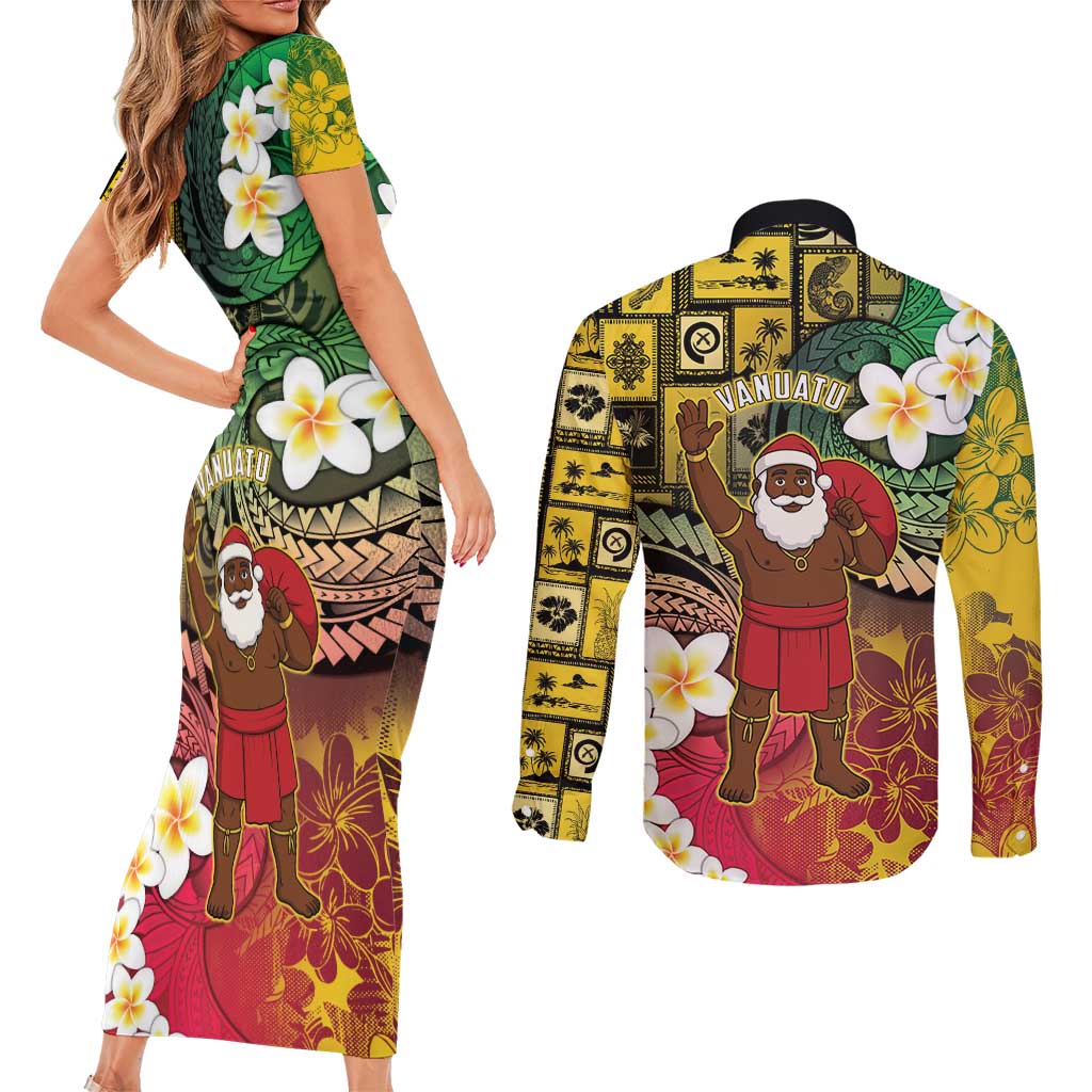 Vanuatu Christmas Couples Matching Short Sleeve Bodycon Dress and Long Sleeve Button Shirt Ni-Van Santa Retro Style LT05 - Polynesian Pride