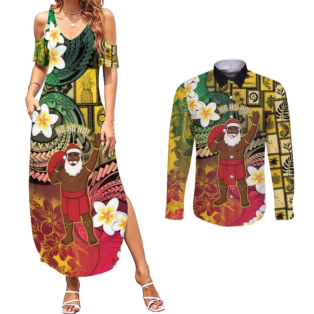Vanuatu Christmas Couples Matching Summer Maxi Dress and Long Sleeve Button Shirt Ni-Van Santa Retro Style LT05 Colorful - Polynesian Pride