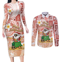 Hawaii Mele Kalikimaka Couples Matching Long Sleeve Bodycon Dress and Long Sleeve Button Shirt Hula Santa Retro Style Red LT05 Red - Polynesian Pride