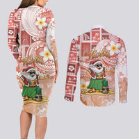 Hawaii Mele Kalikimaka Couples Matching Long Sleeve Bodycon Dress and Long Sleeve Button Shirt Hula Santa Retro Style Red LT05 - Polynesian Pride