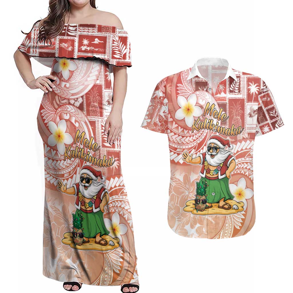Hawaii Mele Kalikimaka Couples Matching Off Shoulder Maxi Dress and Hawaiian Shirt Hula Santa Retro Style Red LT05 Red - Polynesian Pride