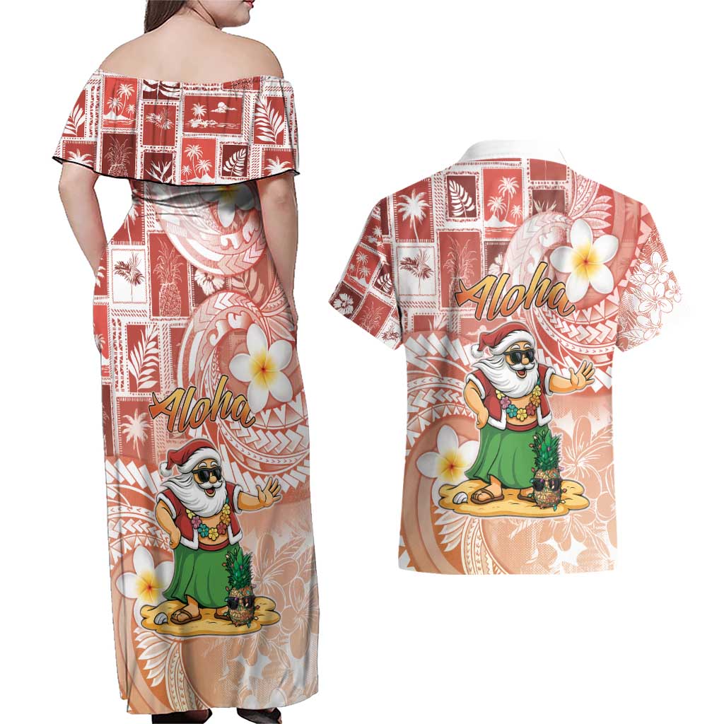 Hawaii Mele Kalikimaka Couples Matching Off Shoulder Maxi Dress and Hawaiian Shirt Hula Santa Retro Style Red LT05 - Polynesian Pride