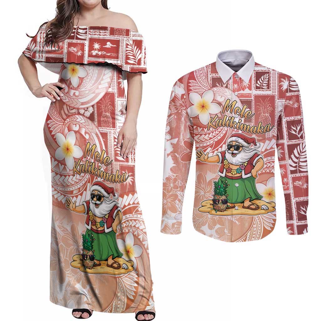 Hawaii Mele Kalikimaka Couples Matching Off Shoulder Maxi Dress and Long Sleeve Button Shirt Hula Santa Retro Style Red LT05 Red - Polynesian Pride