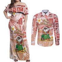 Hawaii Mele Kalikimaka Couples Matching Off Shoulder Maxi Dress and Long Sleeve Button Shirt Hula Santa Retro Style Red LT05 Red - Polynesian Pride