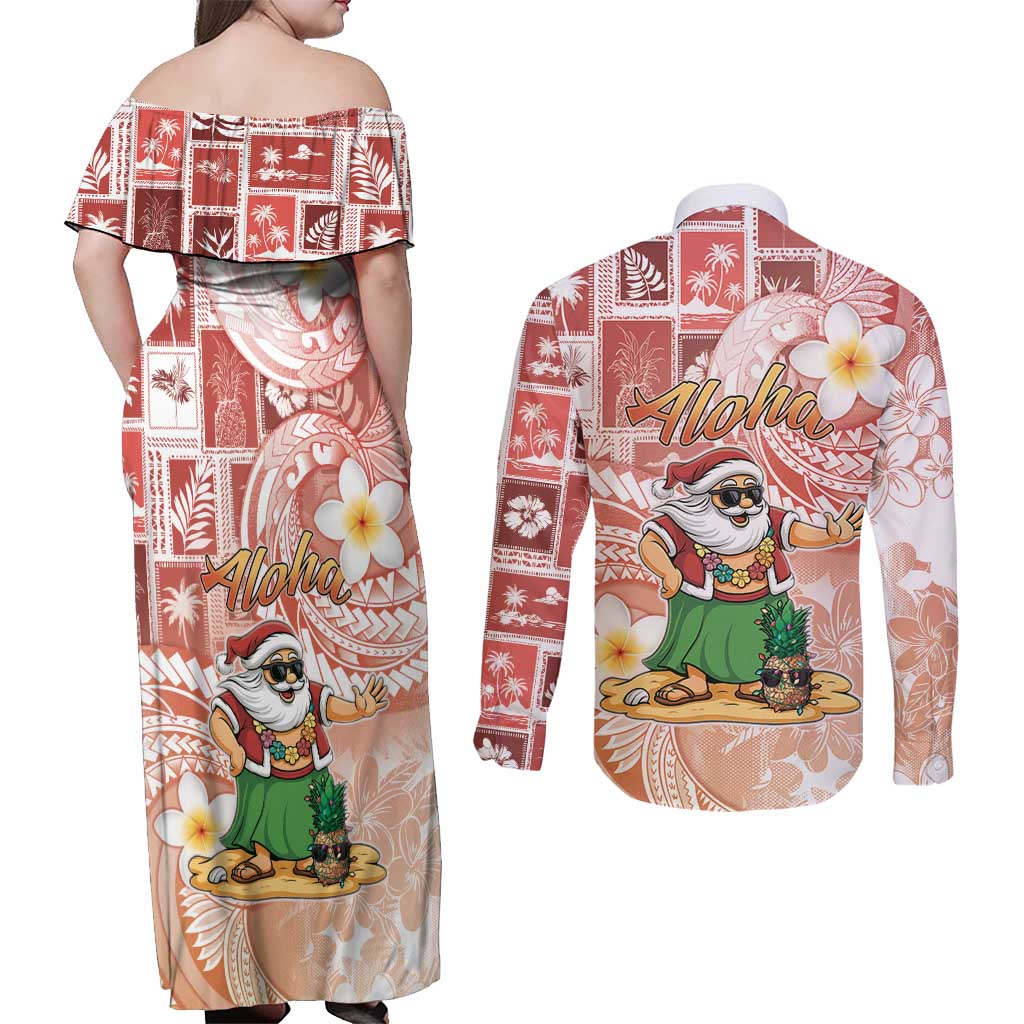 Hawaii Mele Kalikimaka Couples Matching Off Shoulder Maxi Dress and Long Sleeve Button Shirt Hula Santa Retro Style Red LT05 - Polynesian Pride