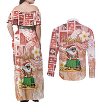 Hawaii Mele Kalikimaka Couples Matching Off Shoulder Maxi Dress and Long Sleeve Button Shirt Hula Santa Retro Style Red LT05 - Polynesian Pride