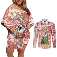 Hawaii Mele Kalikimaka Couples Matching Off Shoulder Short Dress and Long Sleeve Button Shirt Hula Santa Retro Style Red LT05 Red - Polynesian Pride