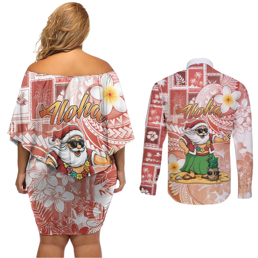 Hawaii Mele Kalikimaka Couples Matching Off Shoulder Short Dress and Long Sleeve Button Shirt Hula Santa Retro Style Red LT05 - Polynesian Pride