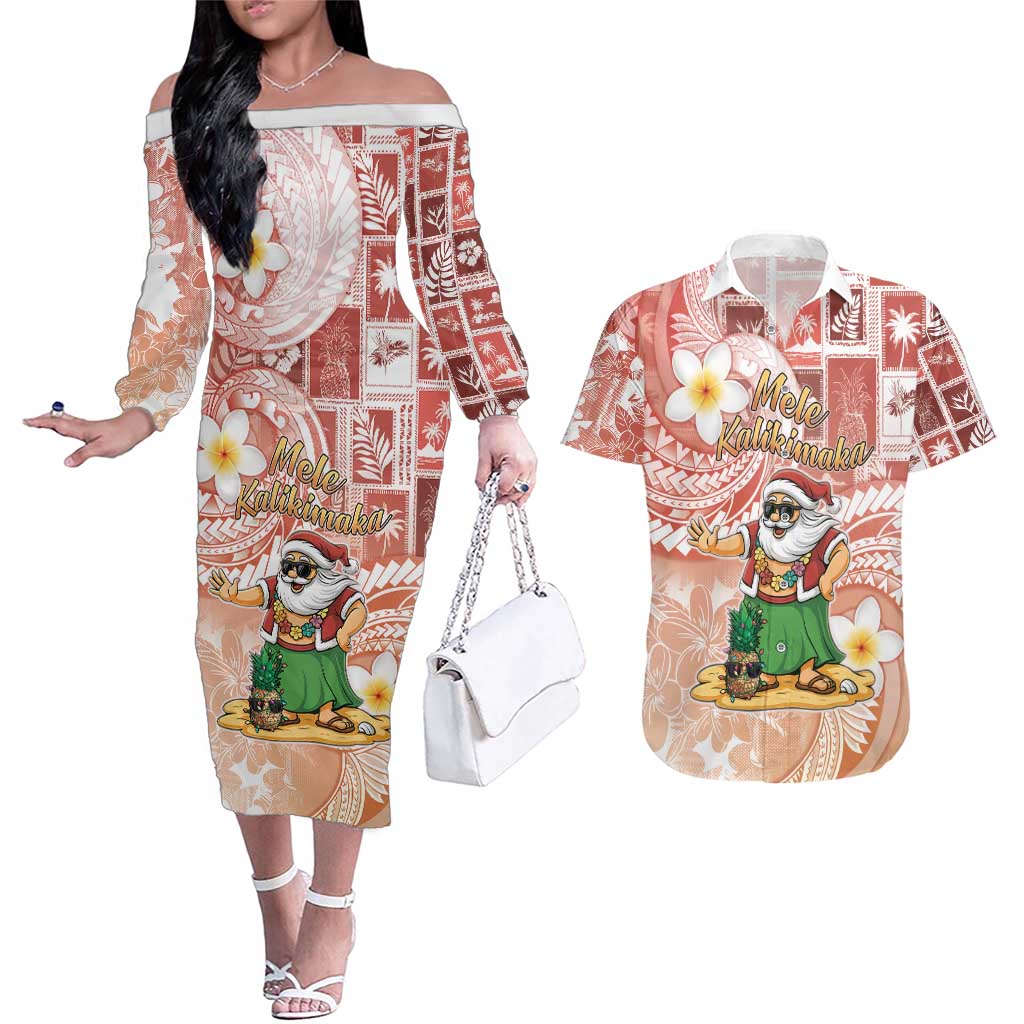 Hawaii Mele Kalikimaka Couples Matching Off The Shoulder Long Sleeve Dress and Hawaiian Shirt Hula Santa Retro Style Red LT05 Red - Polynesian Pride