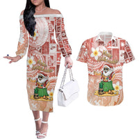 Hawaii Mele Kalikimaka Couples Matching Off The Shoulder Long Sleeve Dress and Hawaiian Shirt Hula Santa Retro Style Red LT05 Red - Polynesian Pride