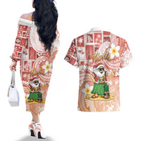 Hawaii Mele Kalikimaka Couples Matching Off The Shoulder Long Sleeve Dress and Hawaiian Shirt Hula Santa Retro Style Red LT05 - Polynesian Pride