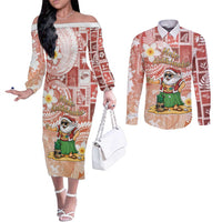Hawaii Mele Kalikimaka Couples Matching Off The Shoulder Long Sleeve Dress and Long Sleeve Button Shirt Hula Santa Retro Style Red LT05 Red - Polynesian Pride