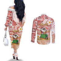 Hawaii Mele Kalikimaka Couples Matching Off The Shoulder Long Sleeve Dress and Long Sleeve Button Shirt Hula Santa Retro Style Red LT05 - Polynesian Pride
