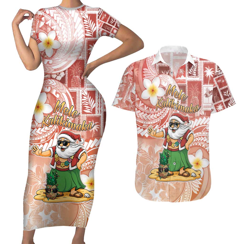Hawaii Mele Kalikimaka Couples Matching Short Sleeve Bodycon Dress and Hawaiian Shirt Hula Santa Retro Style Red LT05 Red - Polynesian Pride