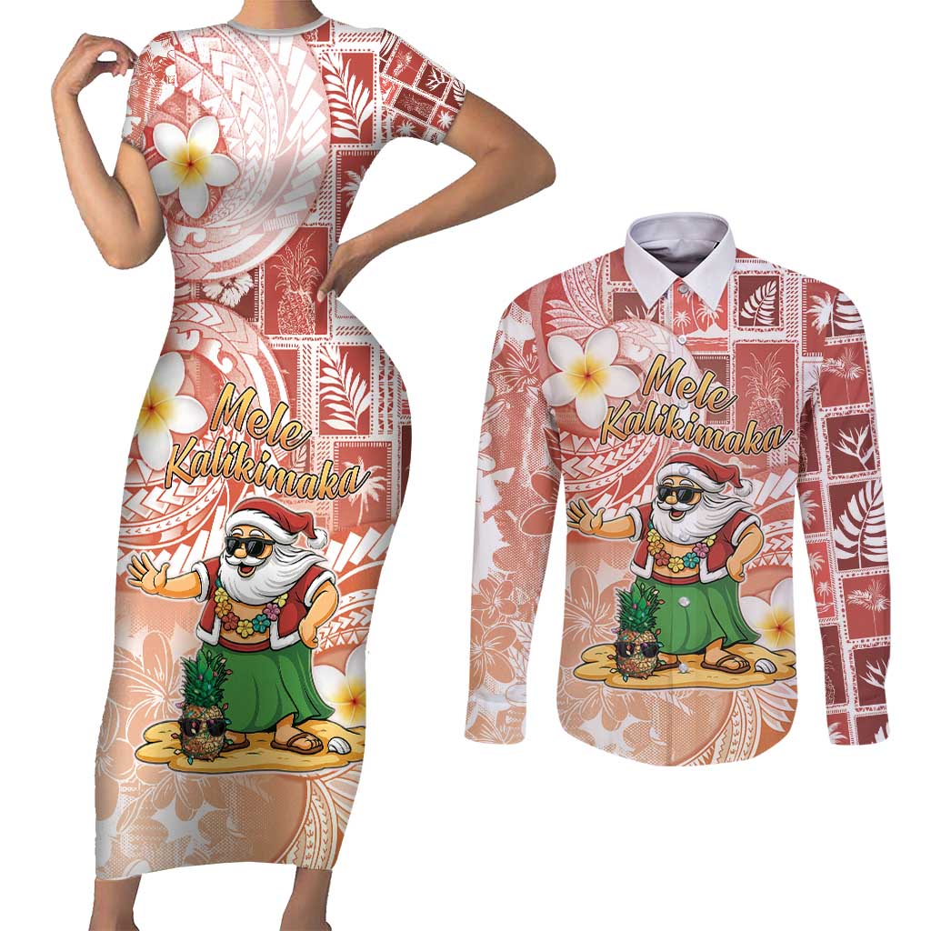 Hawaii Mele Kalikimaka Couples Matching Short Sleeve Bodycon Dress and Long Sleeve Button Shirt Hula Santa Retro Style Red LT05 Red - Polynesian Pride