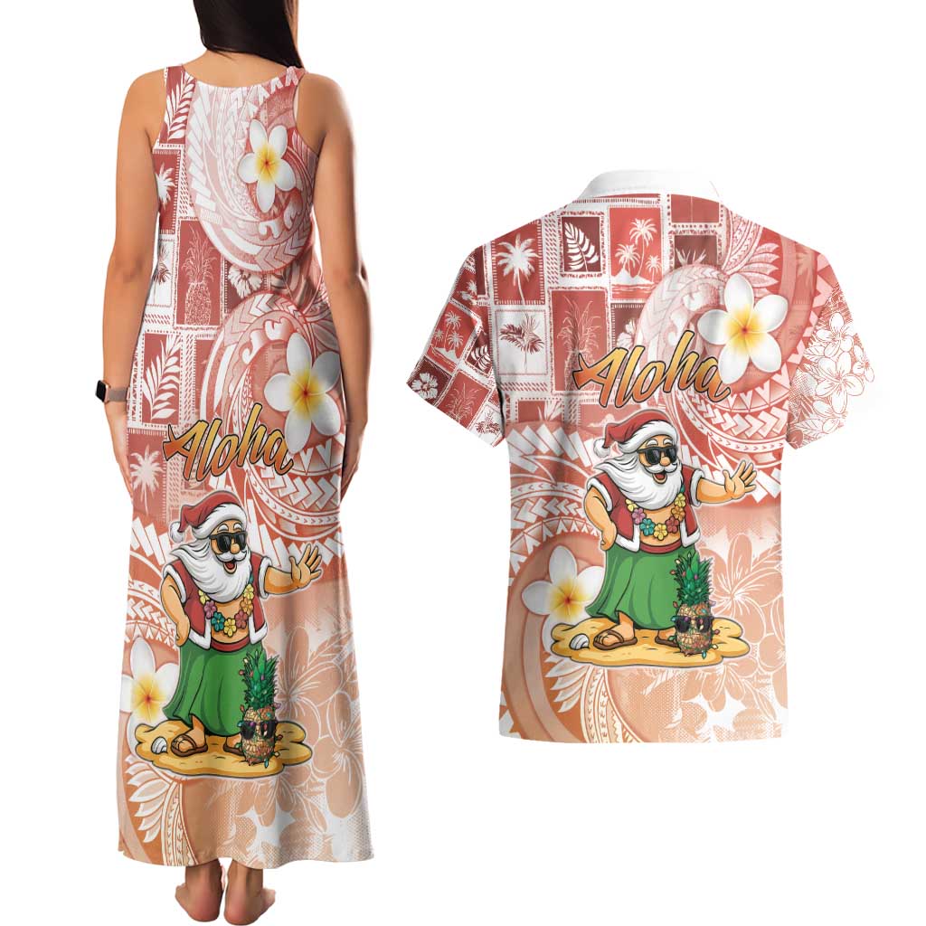 Hawaii Mele Kalikimaka Couples Matching Tank Maxi Dress and Hawaiian Shirt Hula Santa Retro Style Red LT05 - Polynesian Pride