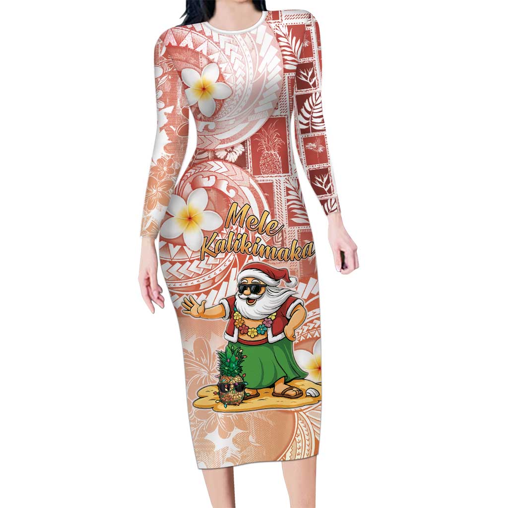 Hawaii Mele Kalikimaka Family Matching Long Sleeve Bodycon Dress and Hawaiian Shirt Hula Santa Retro Style Red LT05 Mom's Dress Red - Polynesian Pride