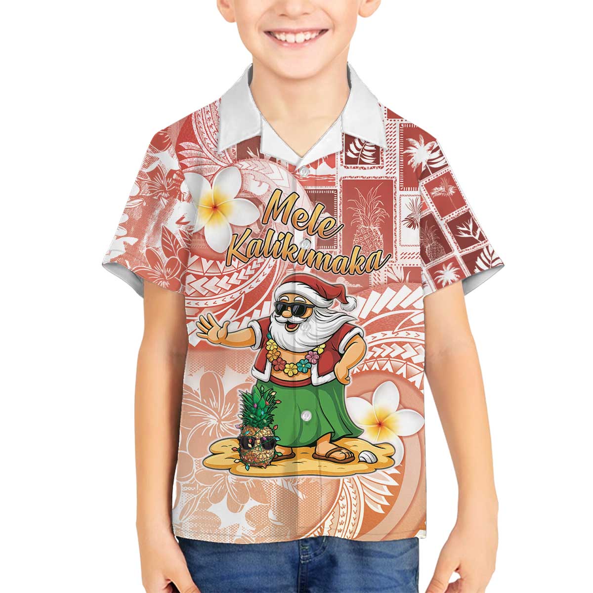 Hawaii Mele Kalikimaka Family Matching Off The Shoulder Long Sleeve Dress and Hawaiian Shirt Hula Santa Retro Style Red LT05 Son's Shirt Red - Polynesian Pride