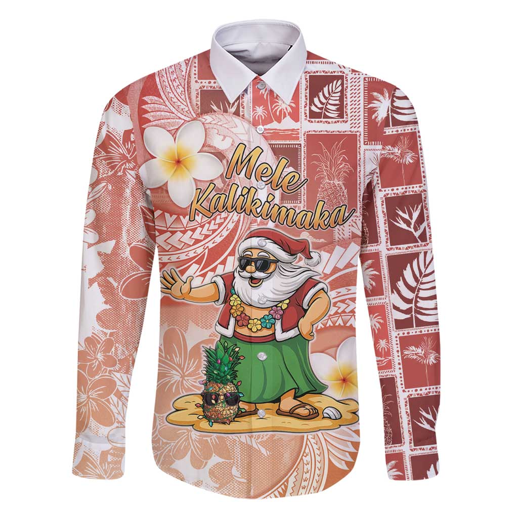 Hawaii Mele Kalikimaka Family Matching Off Shoulder Short Dress and Hawaiian Shirt Hula Santa Retro Style Red LT05 Dad's Shirt - Long Sleeve Red - Polynesian Pride
