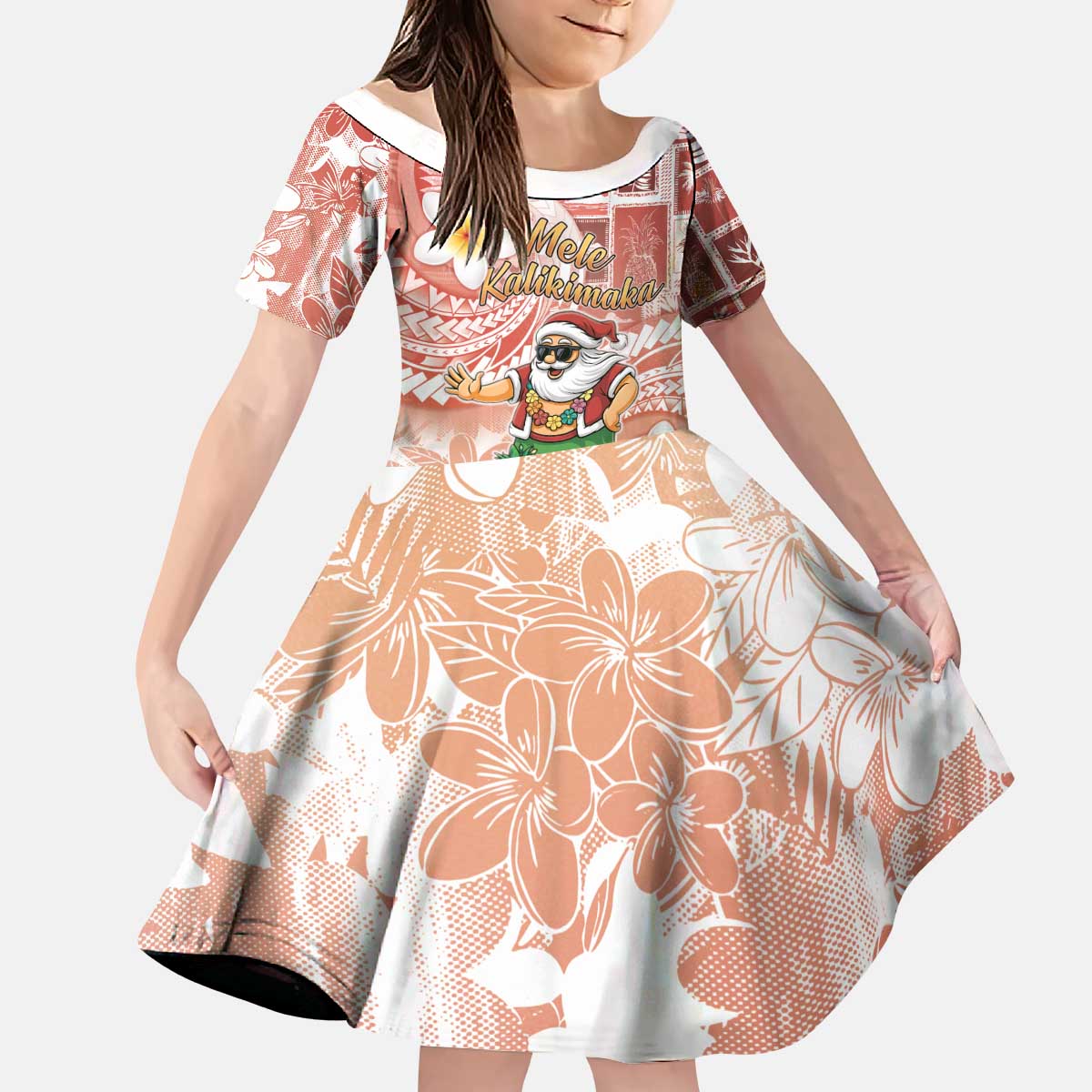 Hawaii Mele Kalikimaka Kid Short Sleeve Dress Hula Santa Retro Style Red - Polynesian Pride